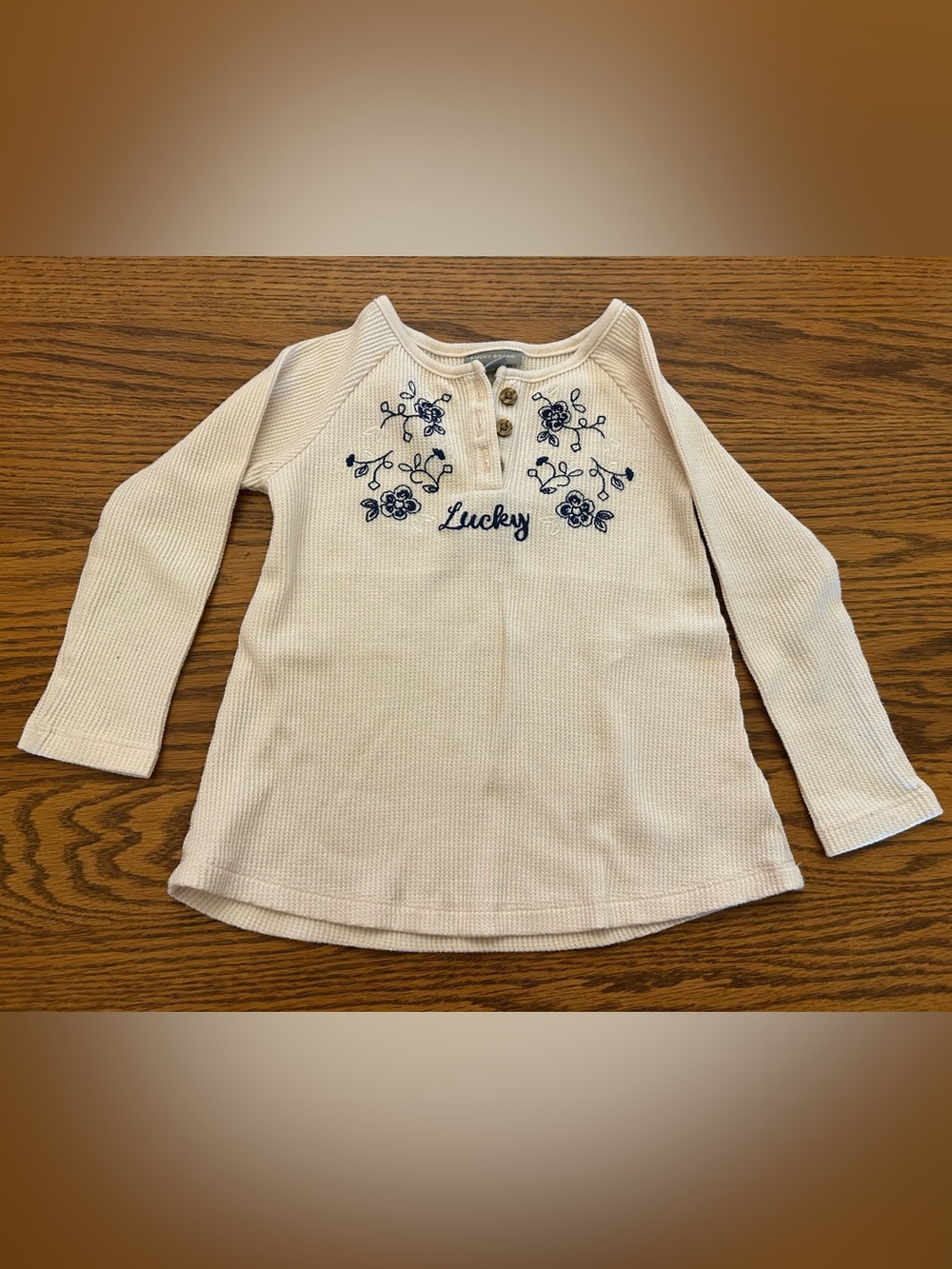 Lucky Brand Cream Waffle-Knit Long Sleeve Top with Navy Floral Embroidery